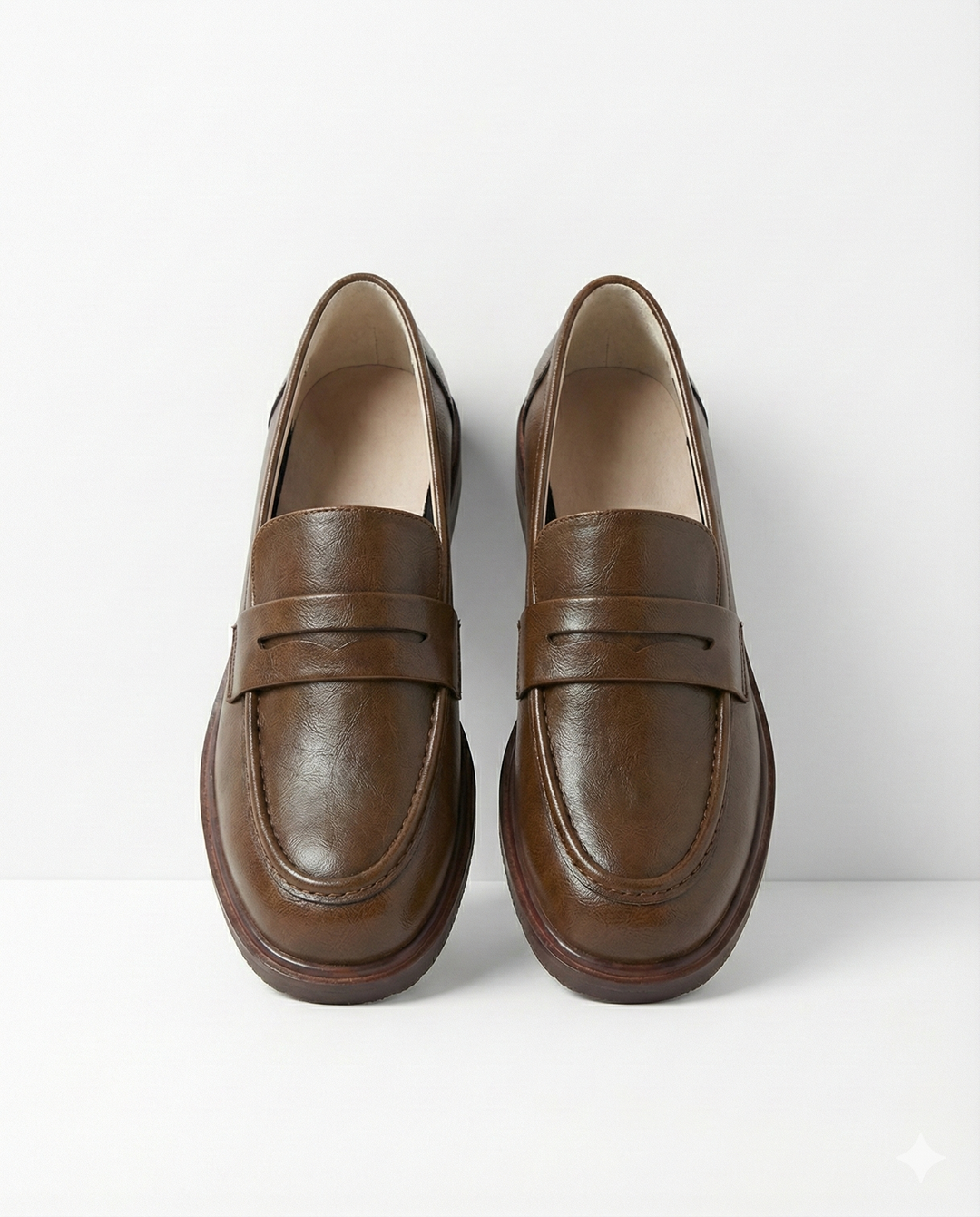Round Toe Leather Loafers with Cushioned Support and Stacked Heel in Olive