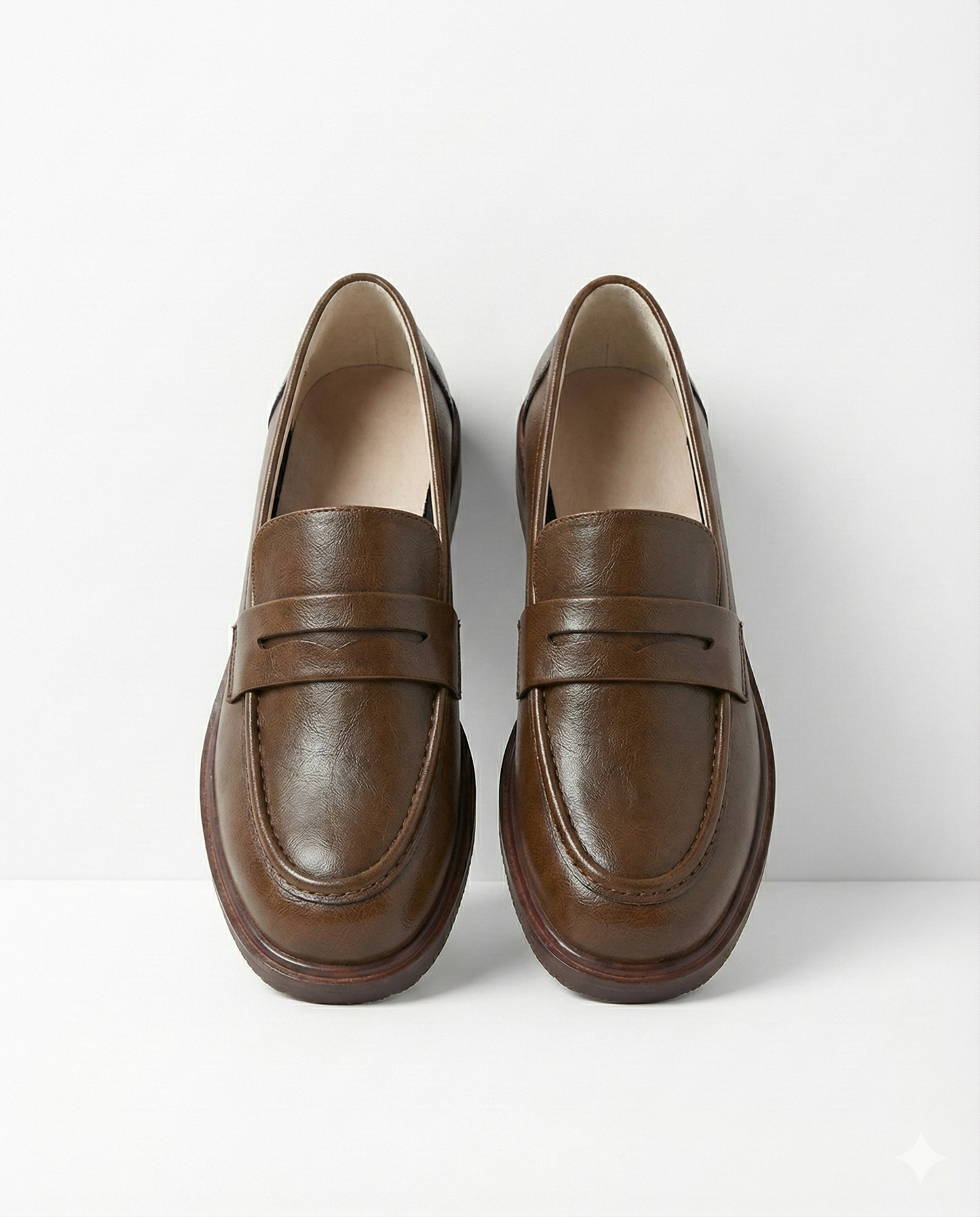 Round Toe Leather Loafers with Cushioned Support and Stacked Heel in Olive