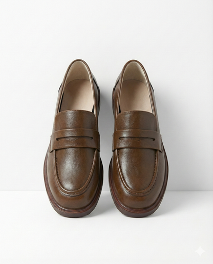 Round Toe Leather Loafers with Cushioned Support and Stacked Heel in Olive