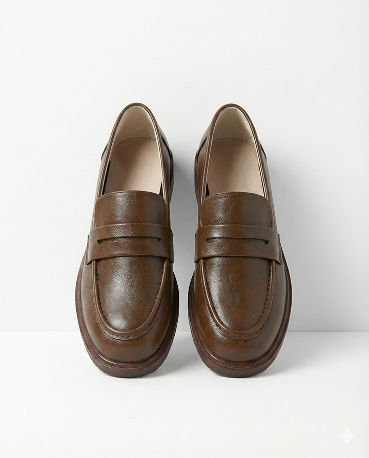 Round Toe Leather Loafers with Cushioned Support and Stacked Heel in Olive
