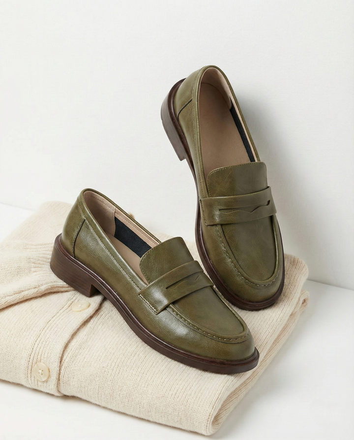 Round Toe Leather Loafers with Cushioned Support and Stacked Heel in Olive