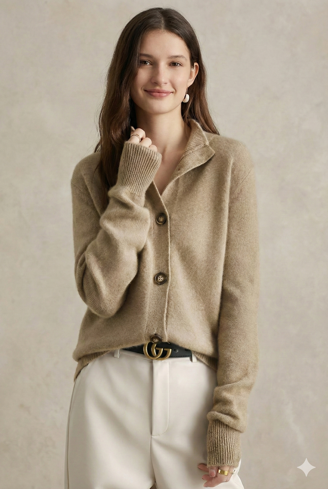 Cardigan in Cashmere Wool Blend with Statement Buttons and Flattering Half-High Neckline
