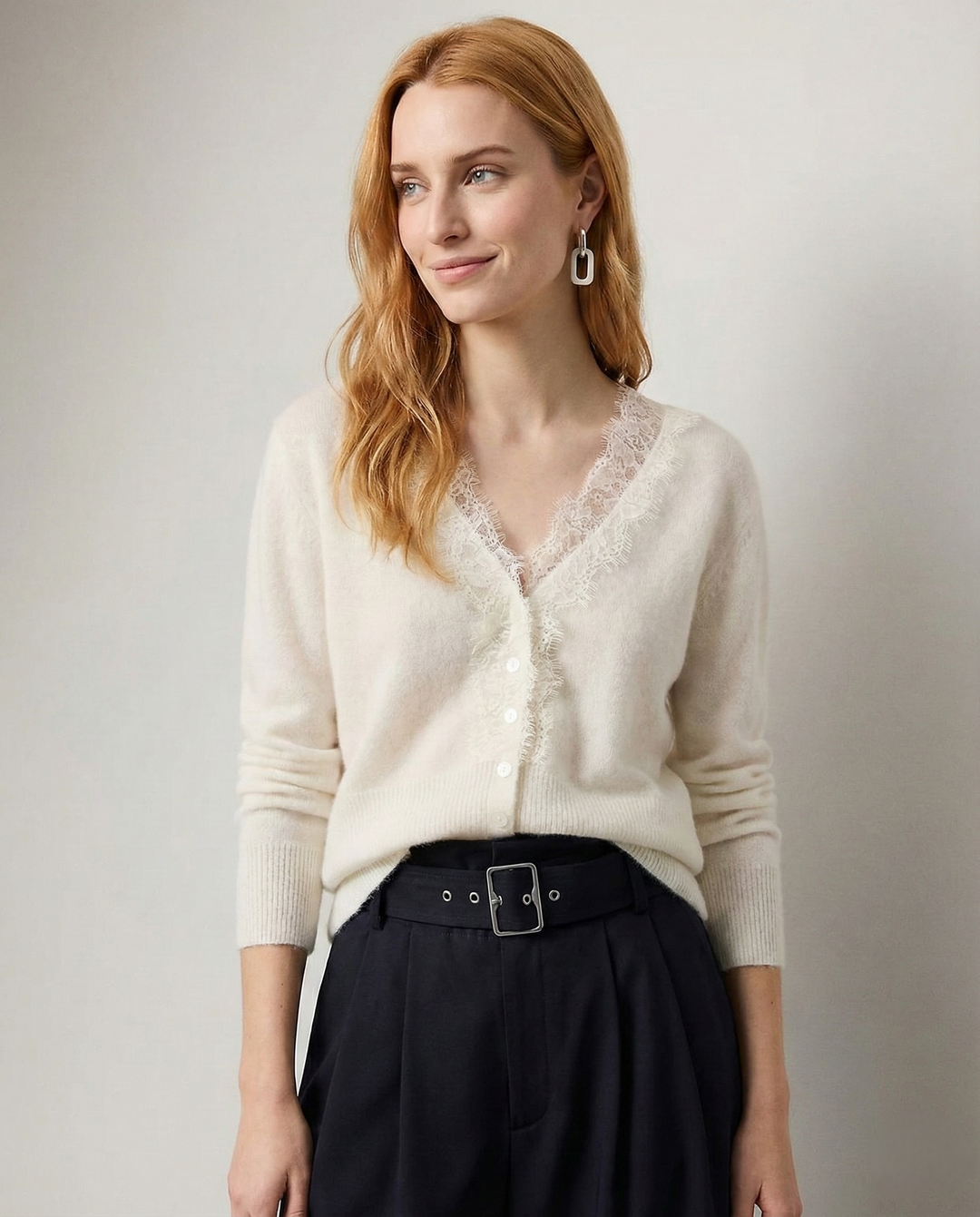 Cashmere Cardigan with Lace-Trim Detail and Relaxed Knit Fit in Khaki