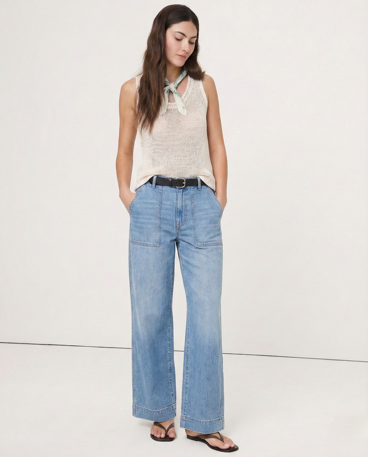 Wide-Leg Jeans with Front Button Pockets, High-Waisted Cypress Cotton Denim
