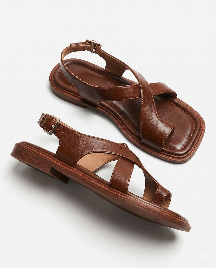 Leather Cross-Strap Sandals with Cushioned Footbed and Low Heel, Women's
