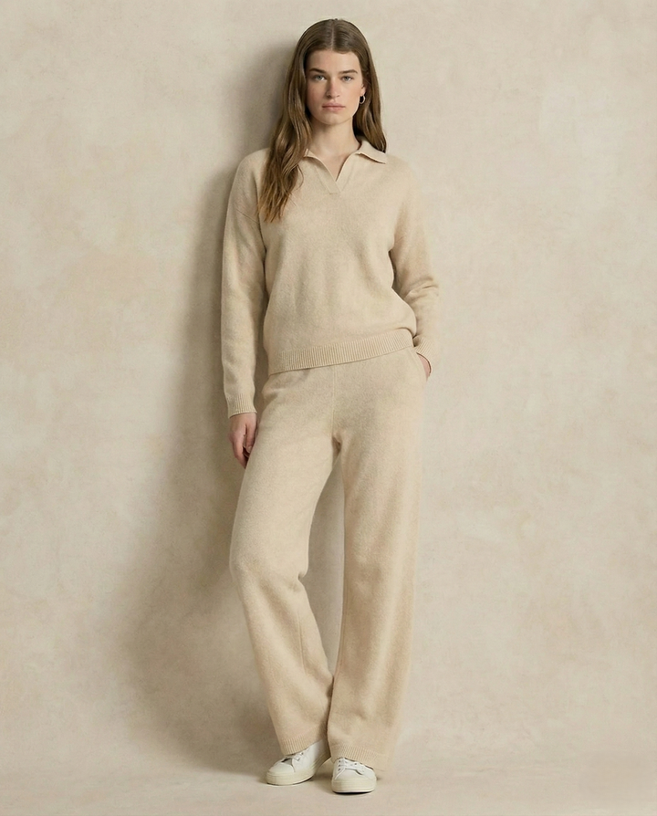Two-Piece Polo Knit Set with Cashmere Blend Sweater and High-Waisted Harem Pants