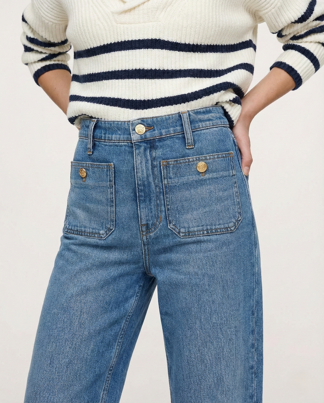 Wide-Leg Jeans with Front Button Pockets, High-Waisted Cypress Cotton Denim