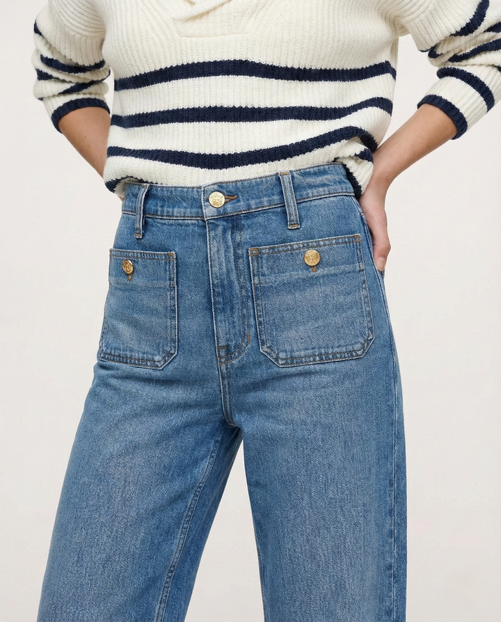 Wide-Leg Jeans with Front Button Pockets, High-Waisted Cypress Cotton Denim