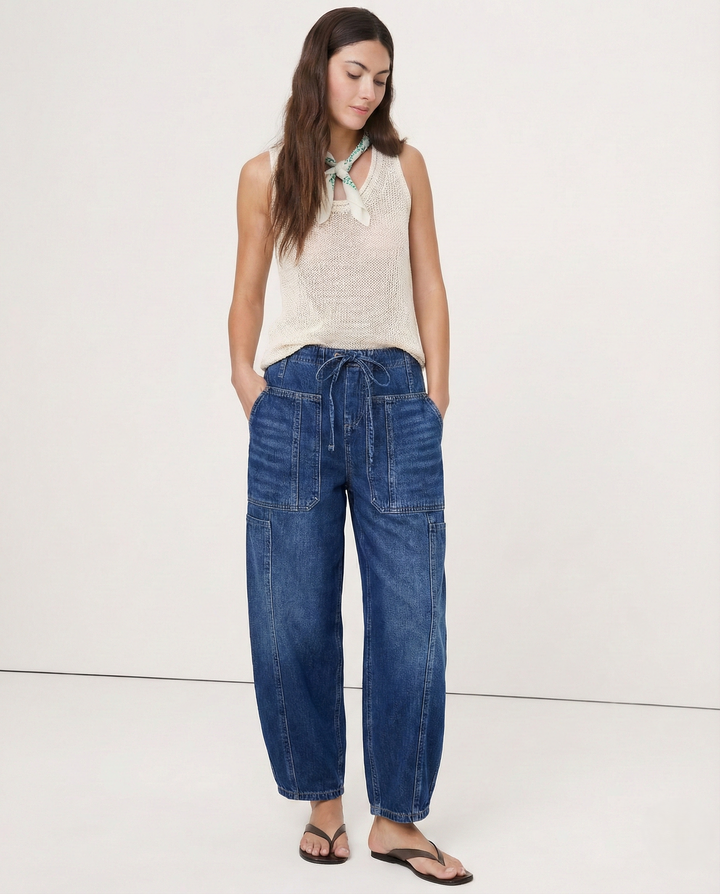 Relaxed Fit Denim Jeans with Soft Cotton Blend Fabric, Ankle-Length Cut and Easy Pull-On Style