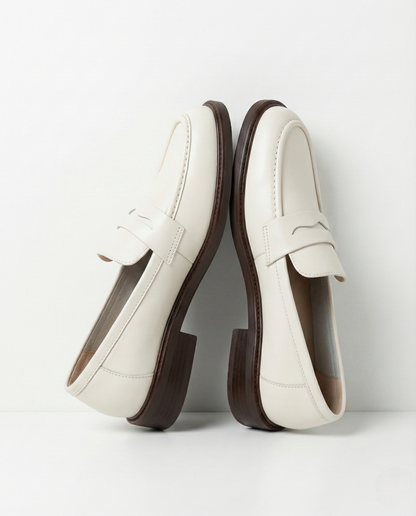Round Toe Leather Loafers with Cushioned Support and Stacked Heel in Olive