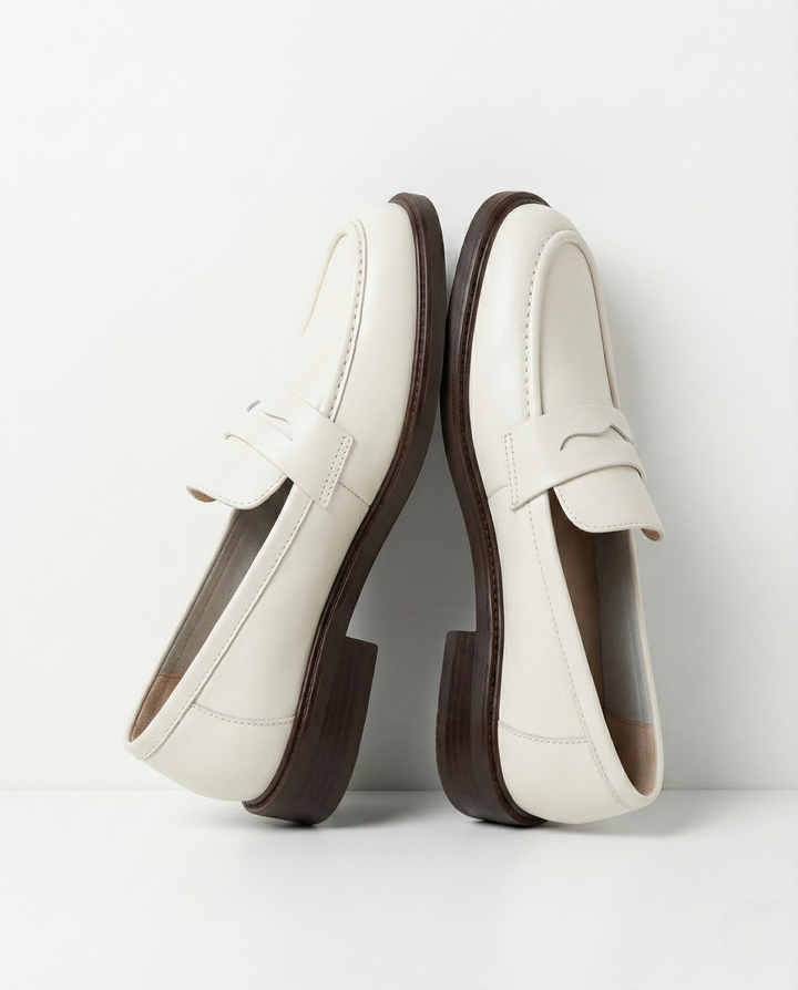 Round Toe Leather Loafers with Cushioned Support and Stacked Heel in Olive