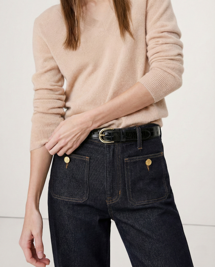 Wide-Leg Jeans with Front Button Pockets, High-Waisted Cypress Cotton Denim