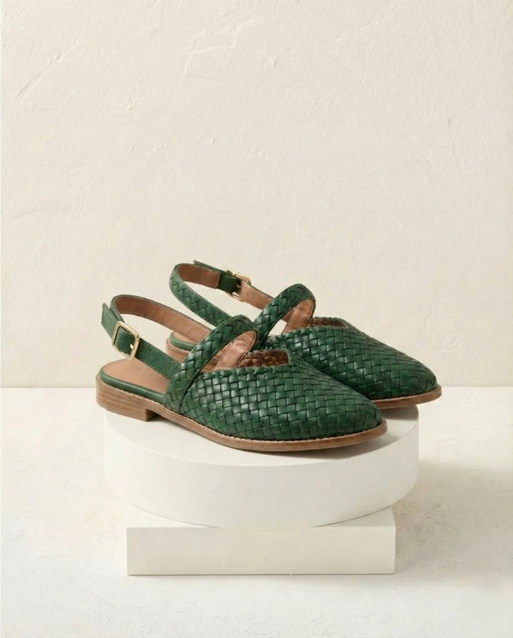 Woven Slingback Flats with Pointed Toe, Adjustable Ankle Strap and Low-Profile Sole, Brown