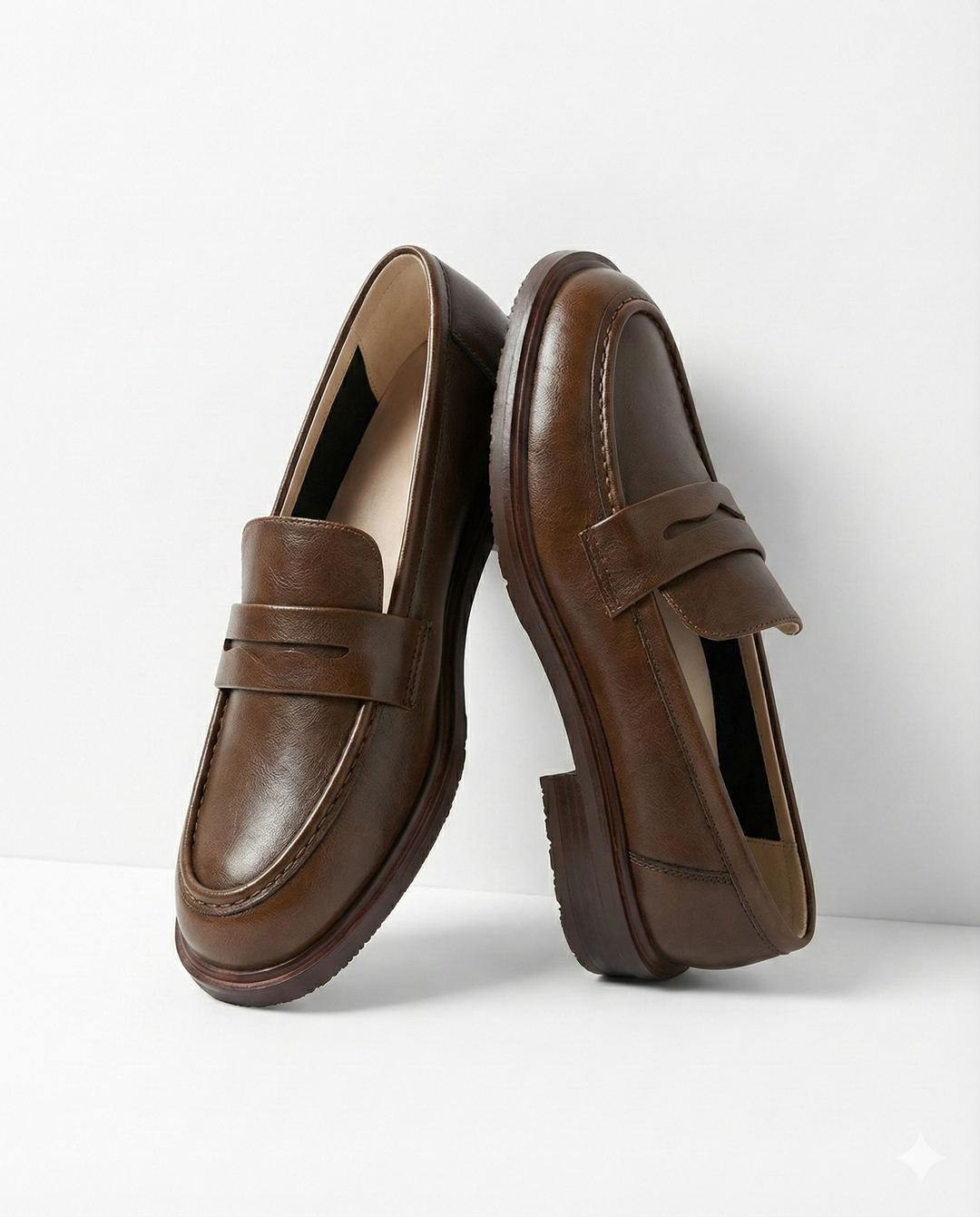 Round Toe Leather Loafers with Cushioned Support and Stacked Heel in Olive