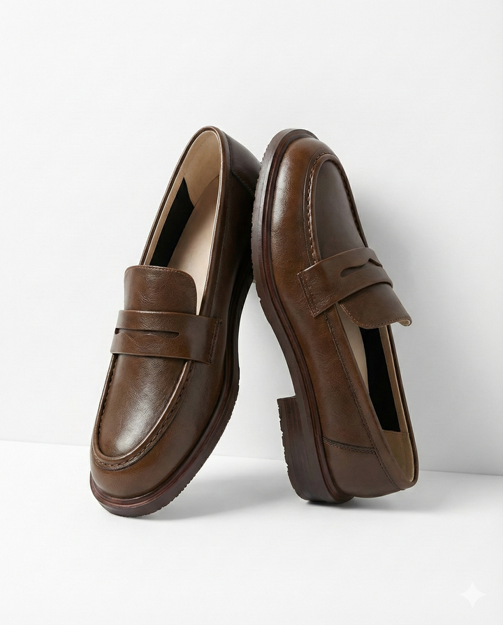 Round Toe Leather Loafers with Cushioned Support and Stacked Heel in Olive