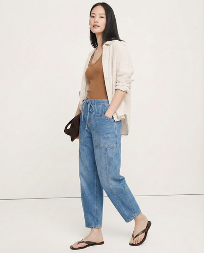 Relaxed Fit Denim Jeans with Soft Cotton Blend Fabric, Ankle-Length Cut and Easy Pull-On Style