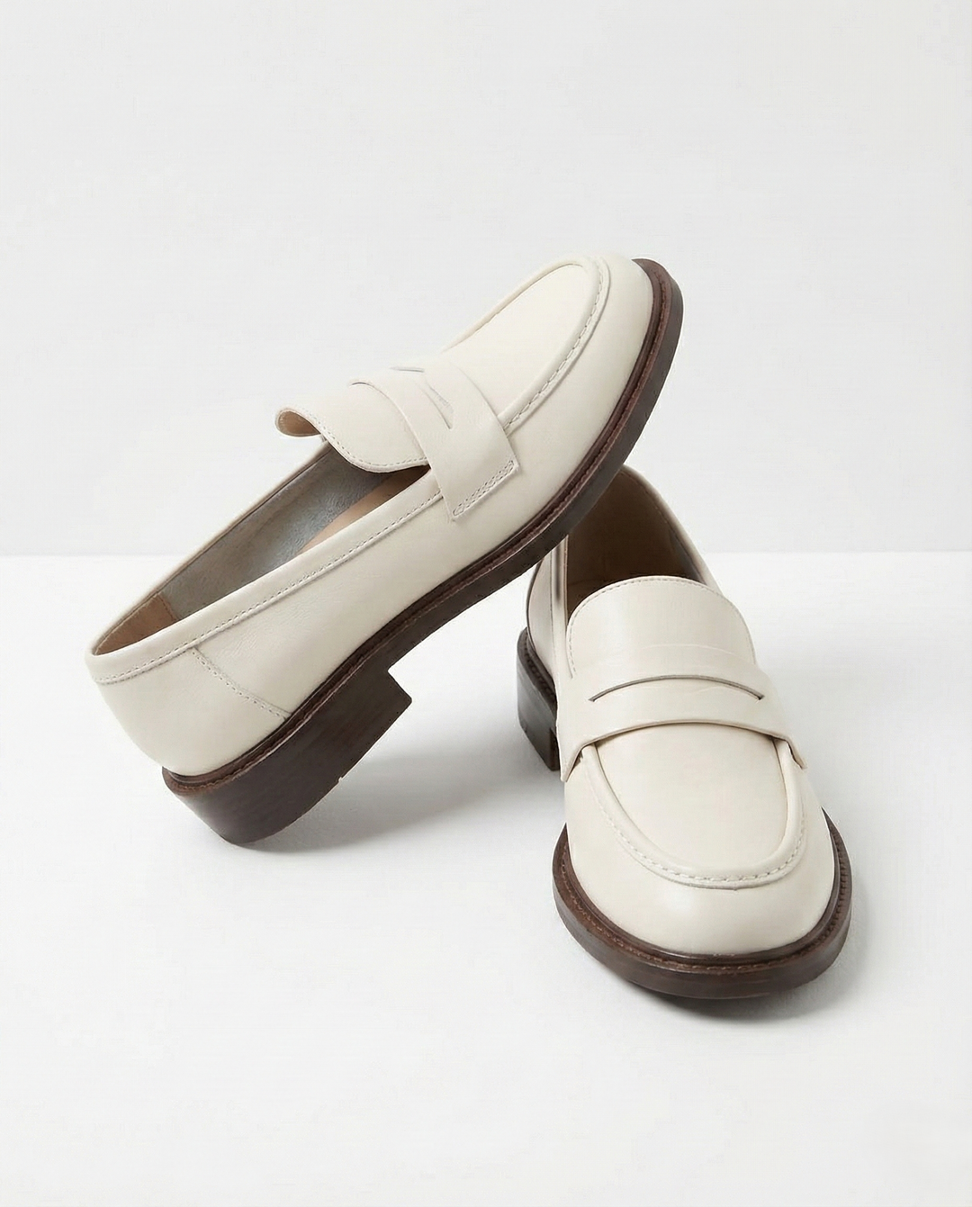 Round Toe Leather Loafers with Cushioned Support and Stacked Heel in Olive