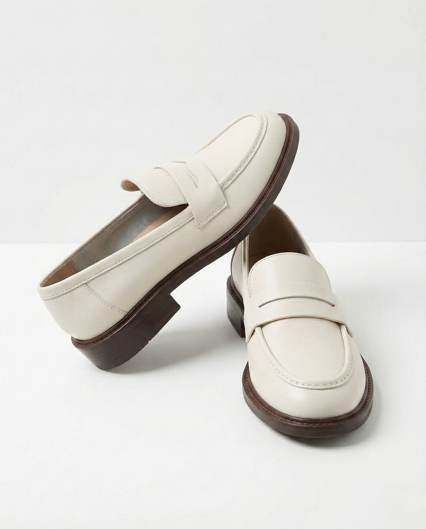 Round Toe Leather Loafers with Cushioned Support and Stacked Heel in Olive