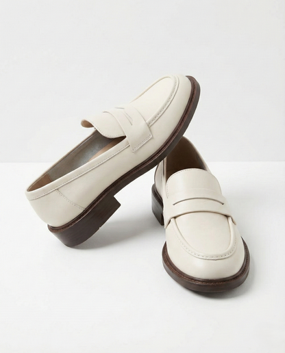 Round Toe Leather Loafers with Cushioned Support and Stacked Heel in Olive