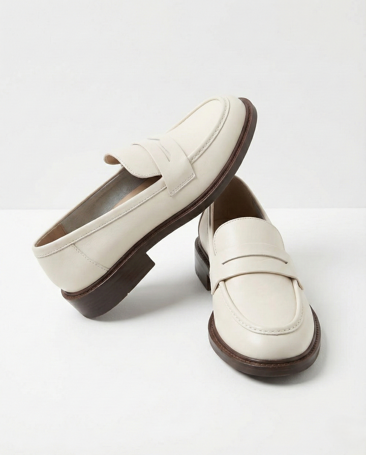 Round Toe Leather Loafers with Cushioned Support and Stacked Heel in Olive