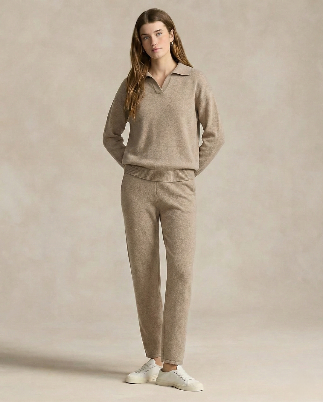 Two-Piece Polo Knit Set with Cashmere Blend Sweater and High-Waisted Harem Pants