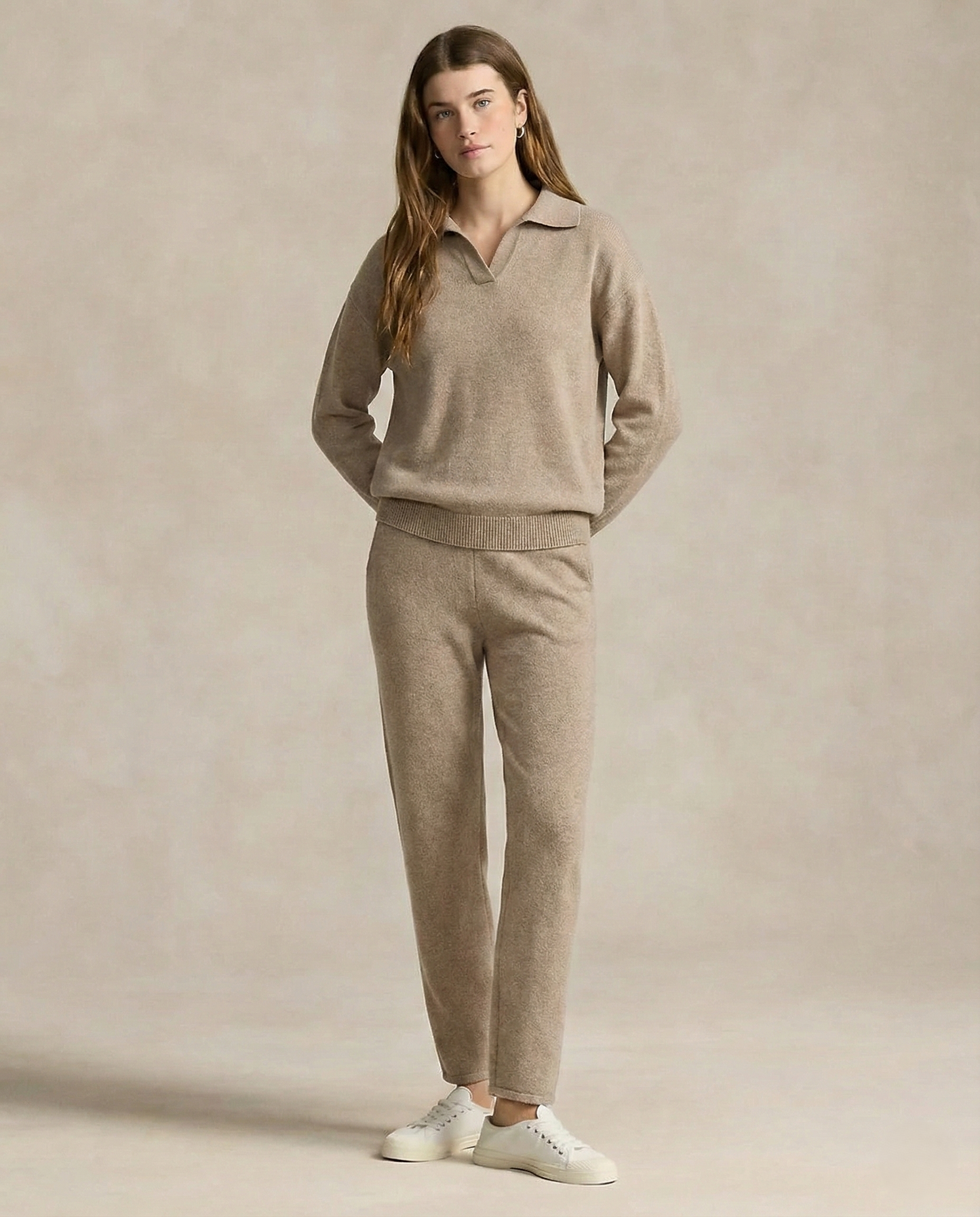 Two-Piece Polo Knit Set with Cashmere Blend Sweater and High-Waisted Harem Pants