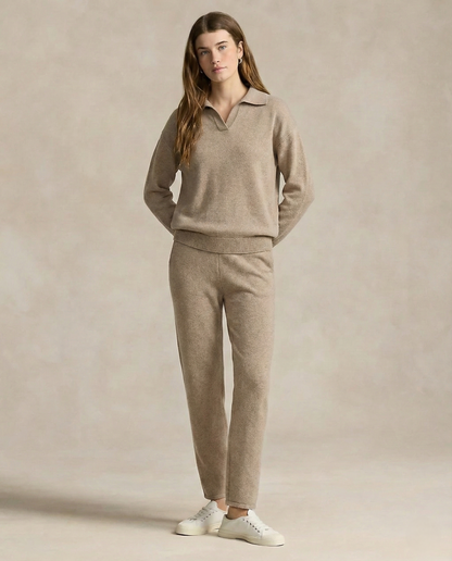 Two-Piece Polo Knit Set with Cashmere Blend Sweater and High-Waisted Harem Pants