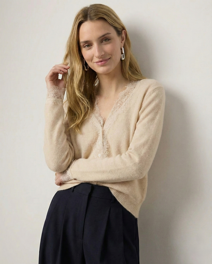 Cashmere Cardigan with Lace-Trim Detail and Relaxed Knit Fit in Khaki