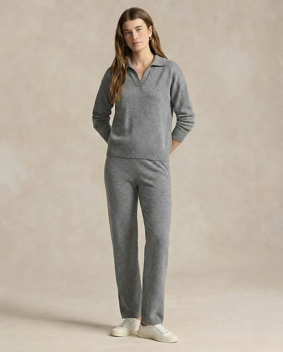 Two-Piece Polo Knit Set with Cashmere Blend Sweater and High-Waisted Harem Pants