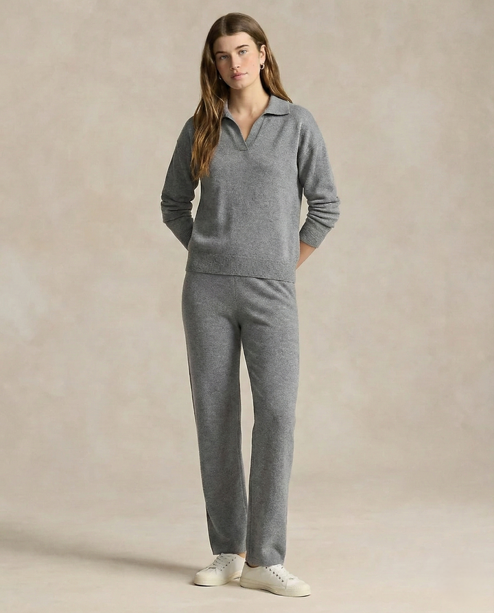 Two-Piece Polo Knit Set with Cashmere Blend Sweater and High-Waisted Harem Pants