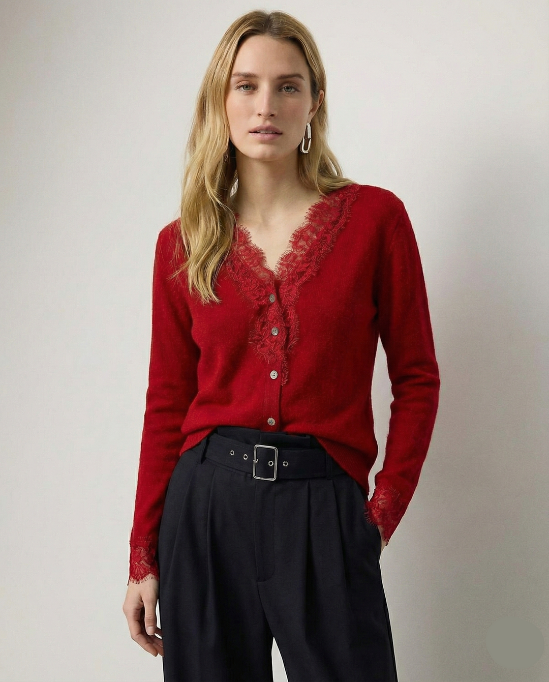 Cashmere Cardigan with Lace-Trim Detail and Relaxed Knit Fit in Khaki