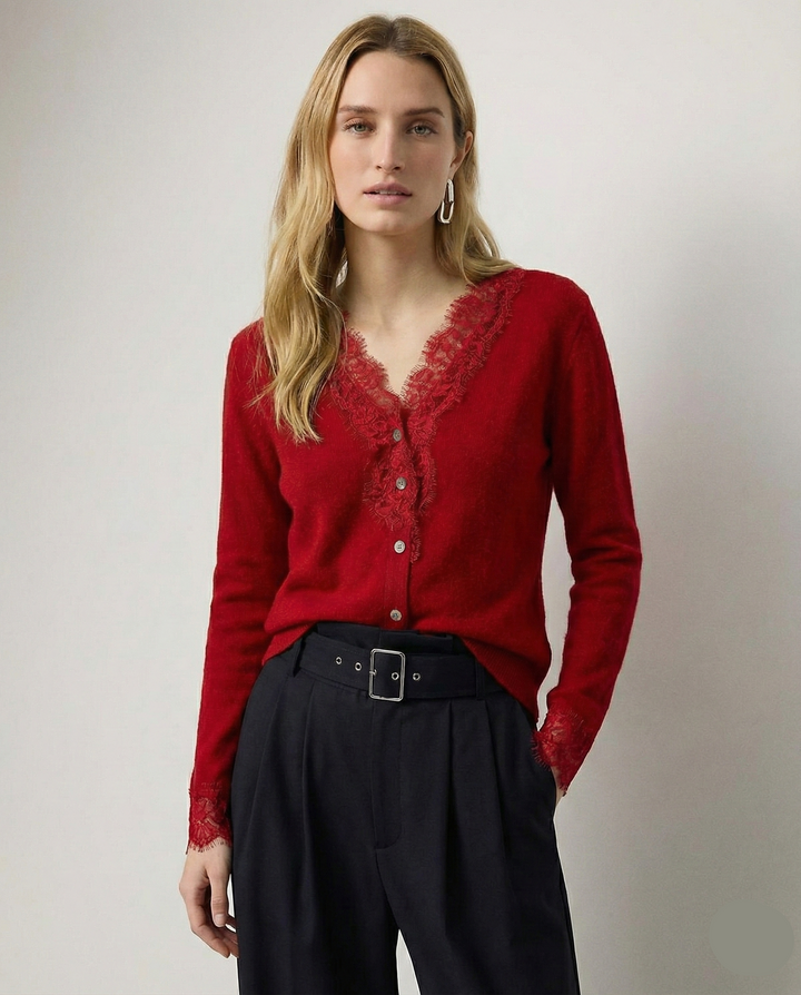 Cashmere Cardigan with Lace-Trim Detail and Relaxed Knit Fit in Khaki