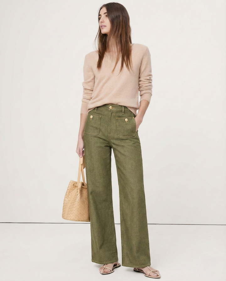 Wide-Leg Jeans with Front Button Pockets, High-Waisted Cypress Cotton Denim