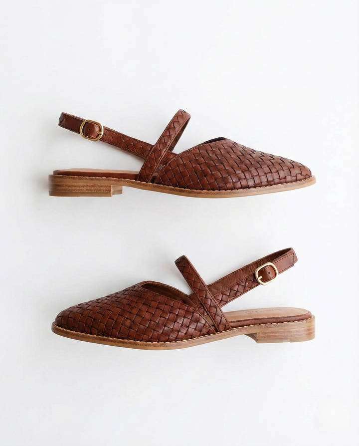 Woven Slingback Flats with Pointed Toe, Adjustable Ankle Strap and Low-Profile Sole, Brown