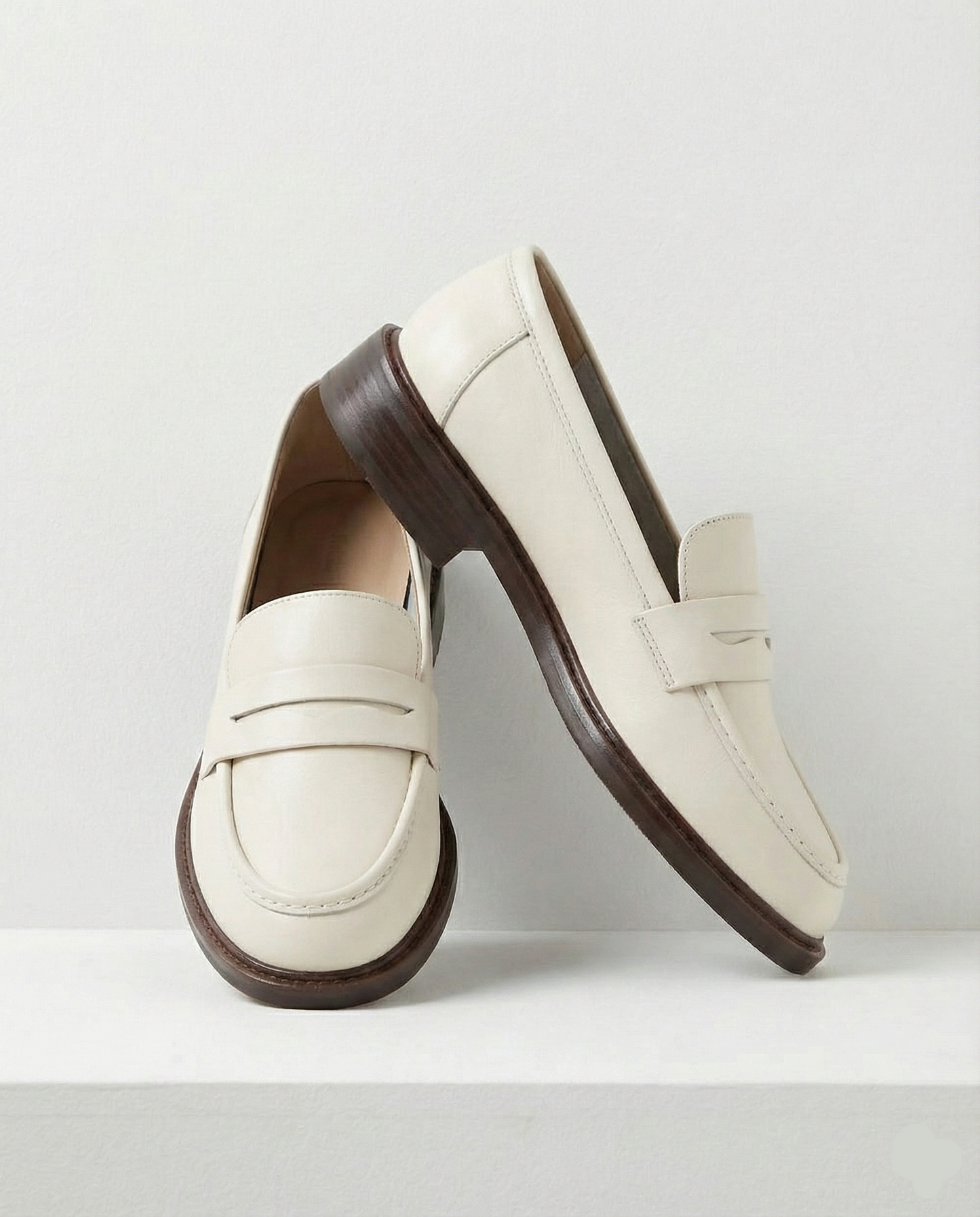 Round Toe Leather Loafers with Cushioned Support and Stacked Heel in Olive