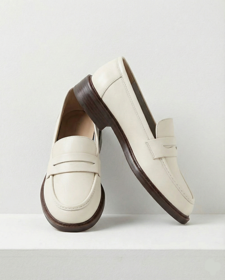 Round Toe Leather Loafers with Cushioned Support and Stacked Heel in Olive