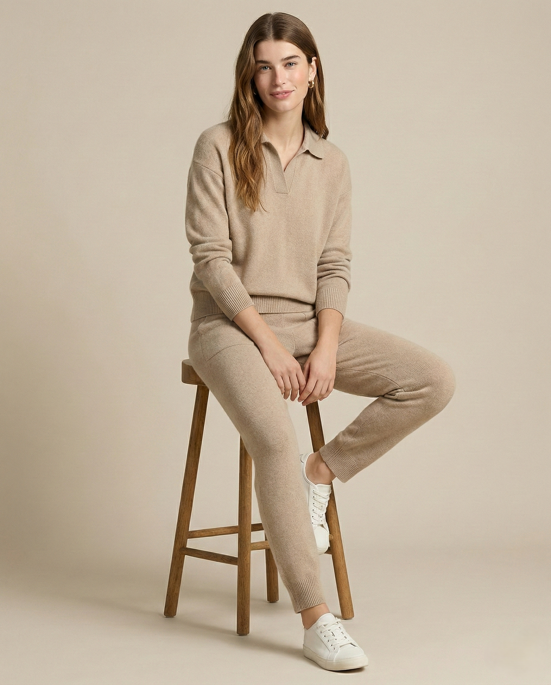 Two-Piece Polo Knit Set with Cashmere Blend Sweater and High-Waisted Harem Pants