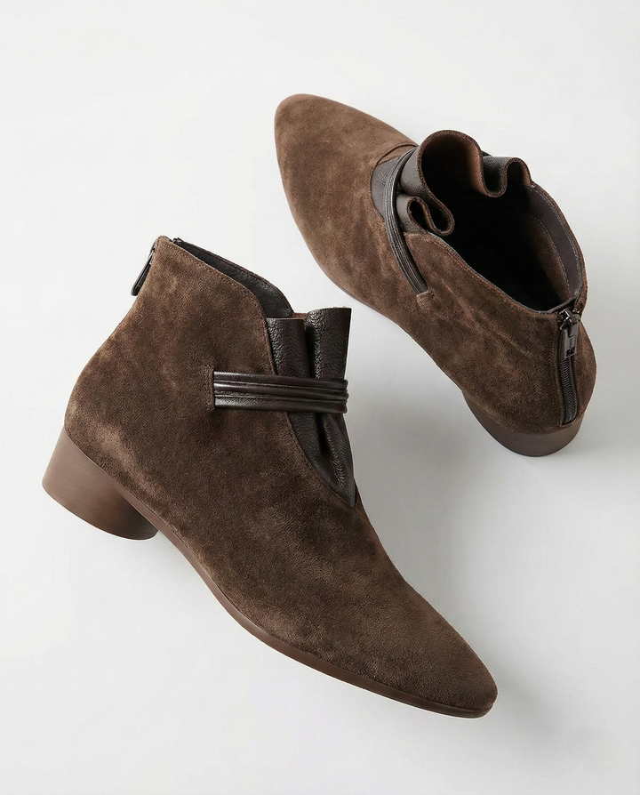 Suede Ankle Boots with Pointed Toe, Side Zip and Low Heel, Women's Vivienne