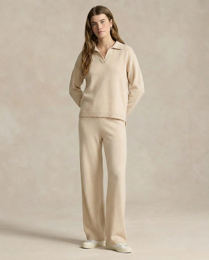Two-Piece Polo Knit Set with Cashmere Blend Sweater and High-Waisted Harem Pants