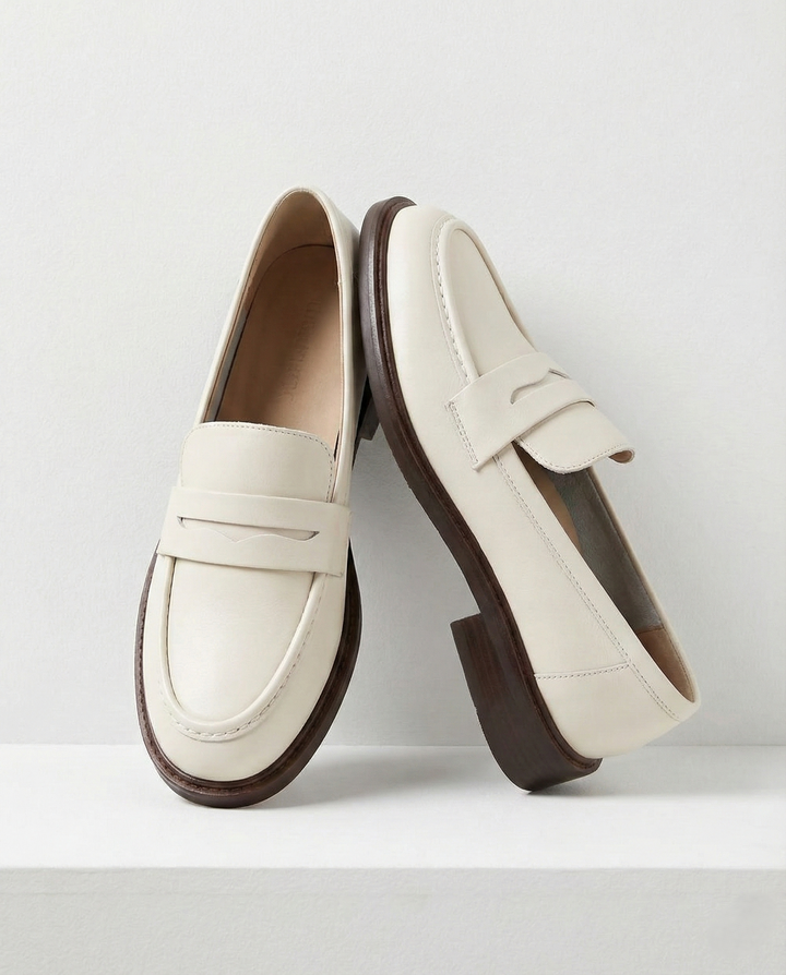 Round Toe Leather Loafers with Cushioned Support and Stacked Heel in Olive