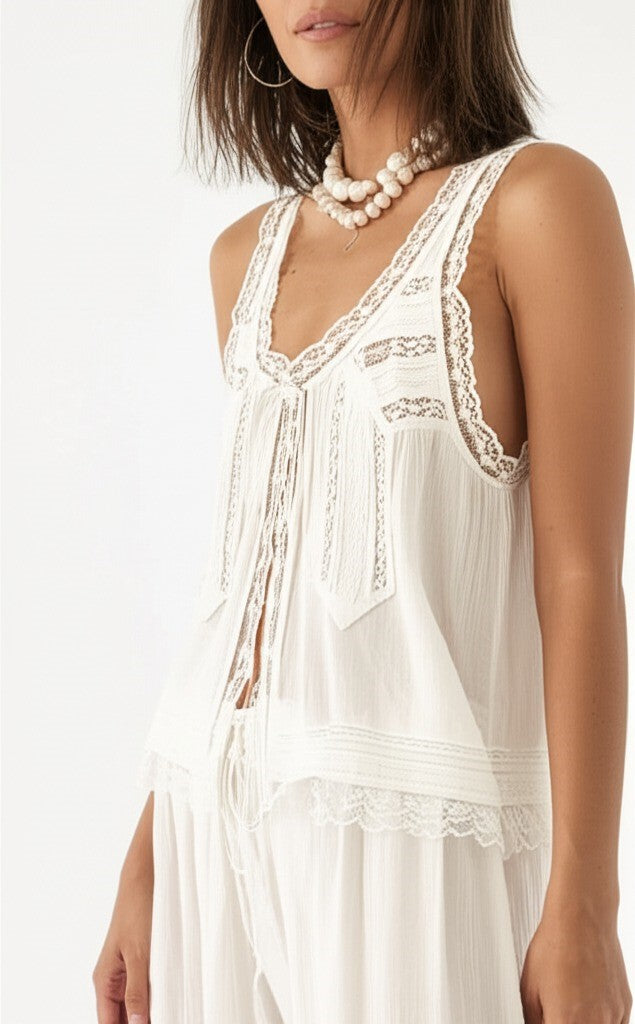 Lace-Trim Cotton Two-Piece Set with Tank Top and Wide-Leg Drawstring Pants