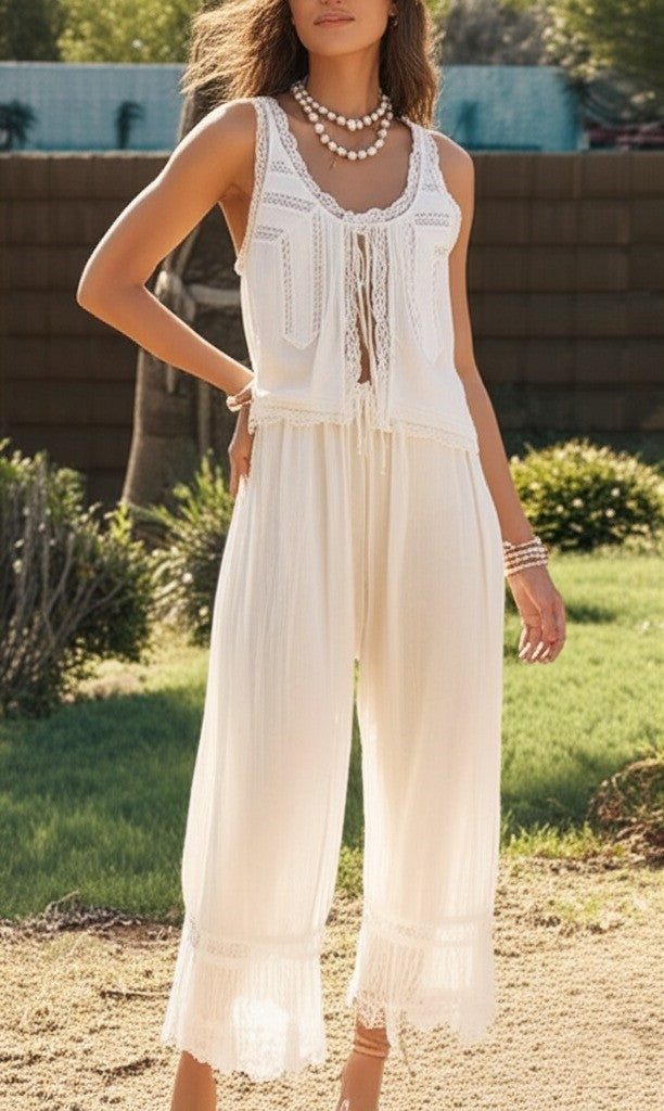 Lace-Trim Cotton Two-Piece Set with Tank Top and Wide-Leg Drawstring Pants