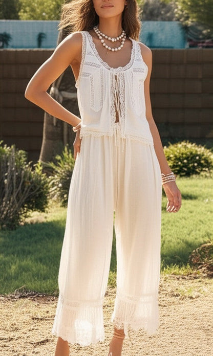 Lace-Trim Cotton Two-Piece Set with Tank Top and Wide-Leg Drawstring Pants