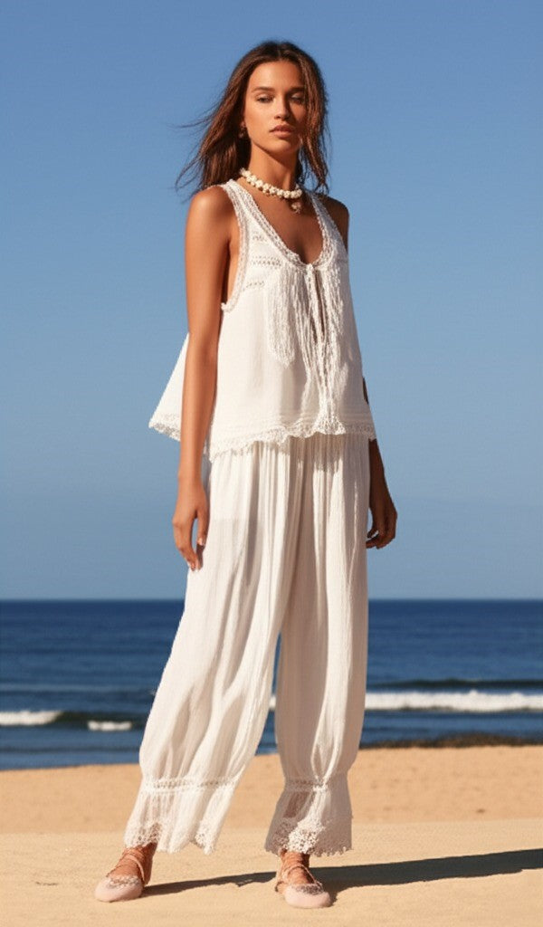 Lace-Trim Cotton Two-Piece Set with Tank Top and Wide-Leg Drawstring Pants
