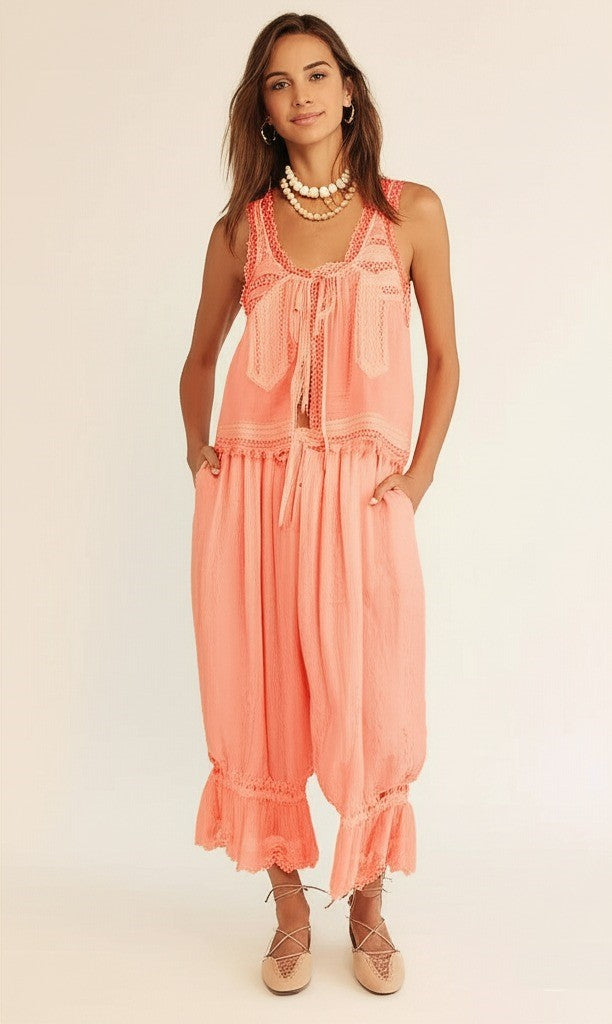 Lace-Trim Cotton Two-Piece Set with Tank Top and Wide-Leg Drawstring Pants