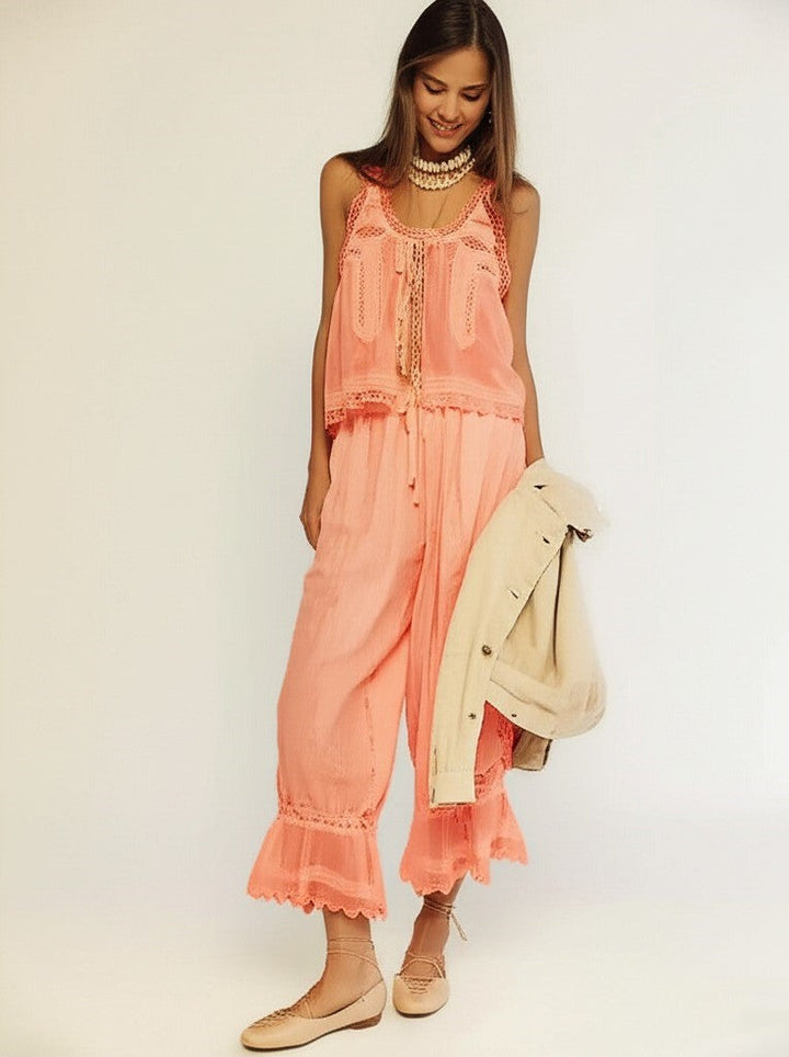 Lace-Trim Cotton Two-Piece Set with Tank Top and Wide-Leg Drawstring Pants