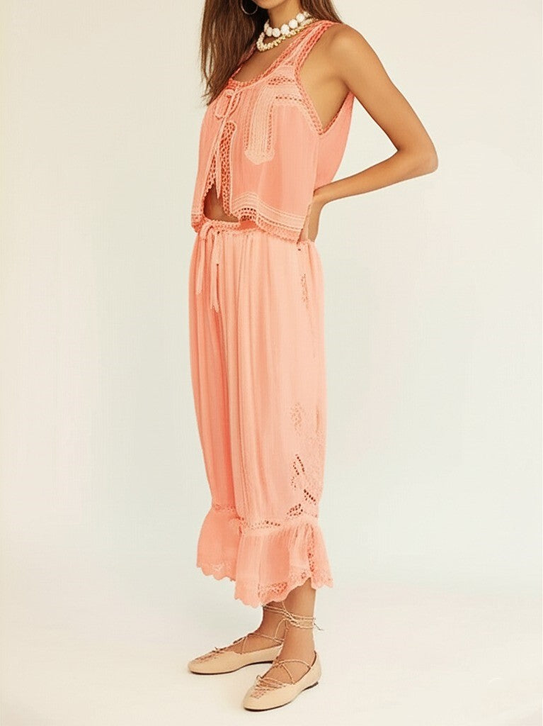 Lace-Trim Cotton Two-Piece Set with Tank Top and Wide-Leg Drawstring Pants