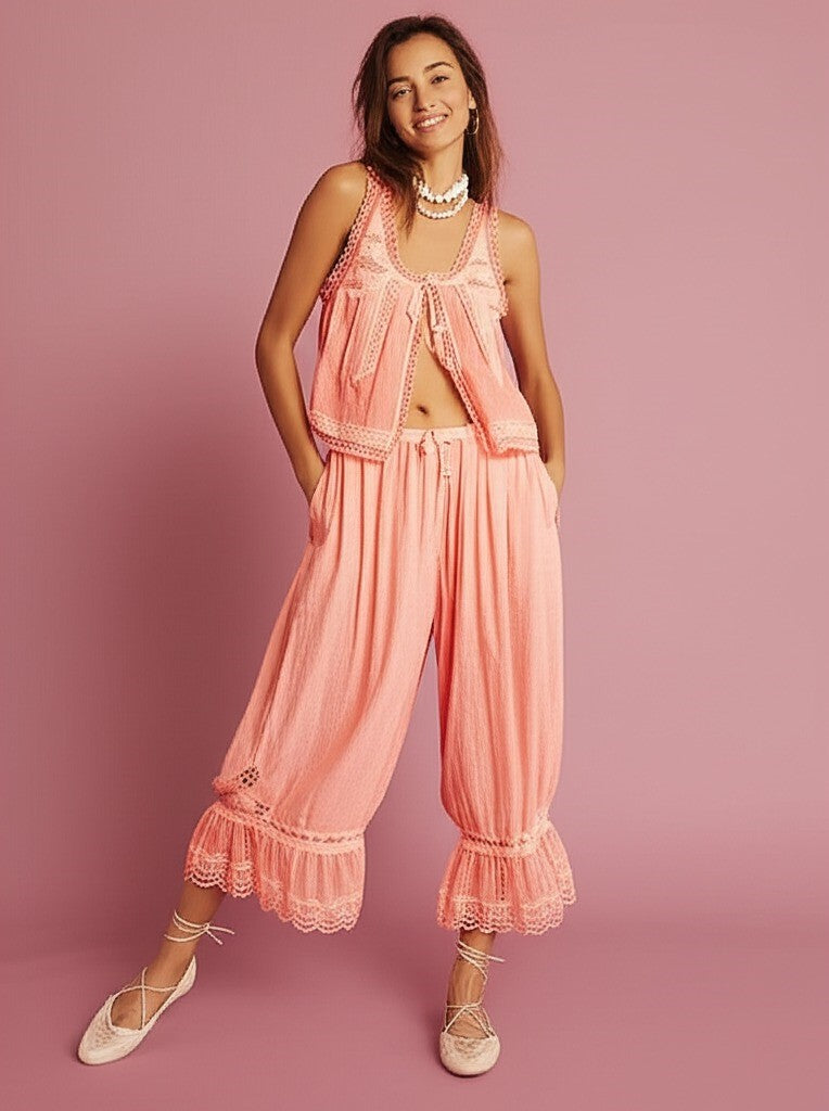 Lace-Trim Cotton Two-Piece Set with Tank Top and Wide-Leg Drawstring Pants