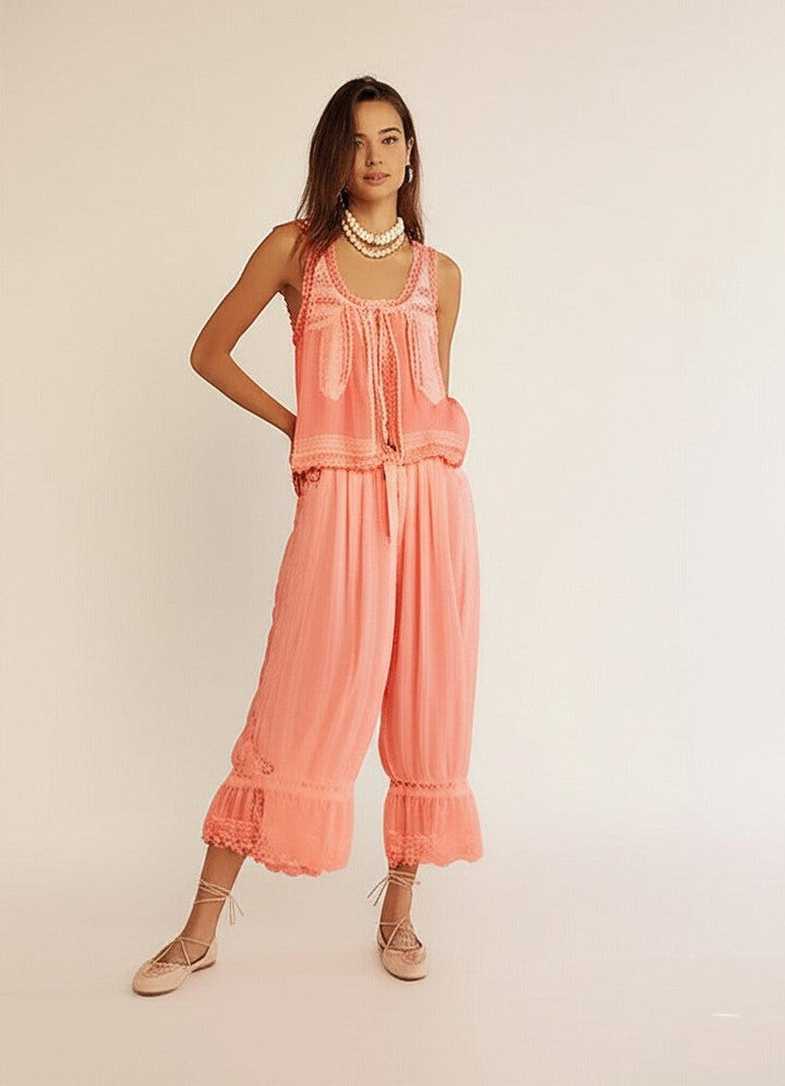 Lace-Trim Cotton Two-Piece Set with Tank Top and Wide-Leg Drawstring Pants