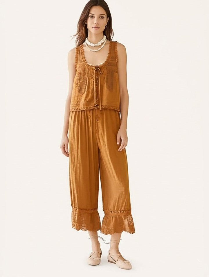 Lace-Trim Cotton Two-Piece Set with Tank Top and Wide-Leg Drawstring Pants